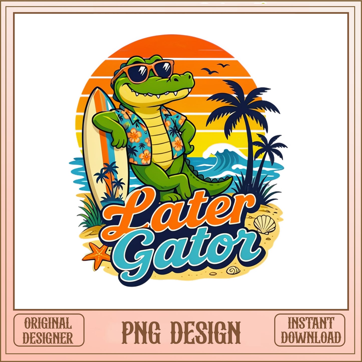 Later Gator Summer Beach PNG, Alligator Surfing PNG, Retro PNG