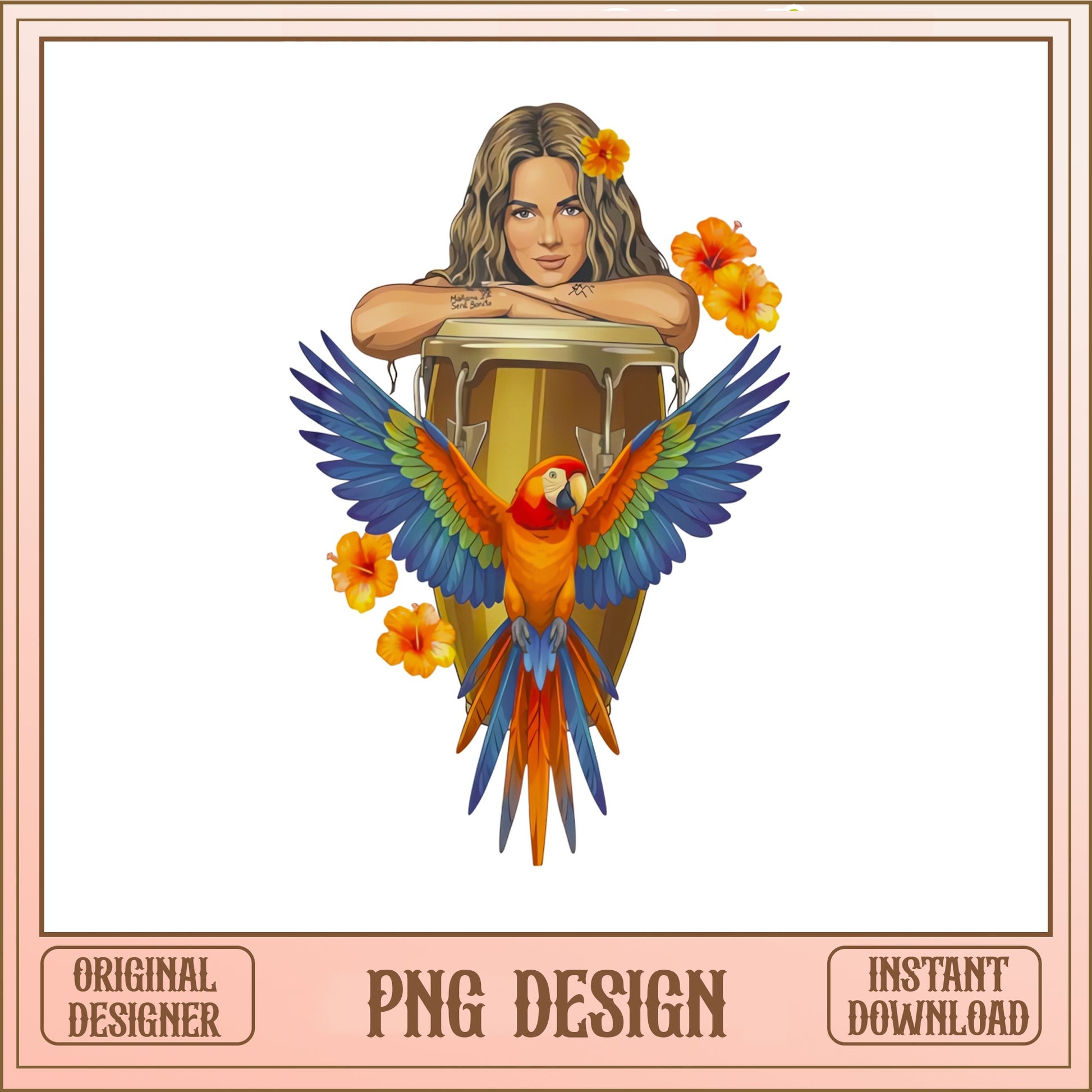 Latina Woman Conga Drum PNG, Parrot Hibiscus PNG, Tropical PNG