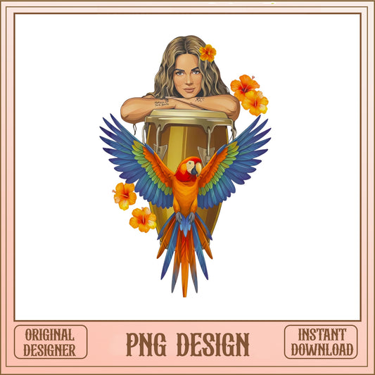 Latina Woman Conga Drum PNG, Parrot Hibiscus PNG, Tropical PNG