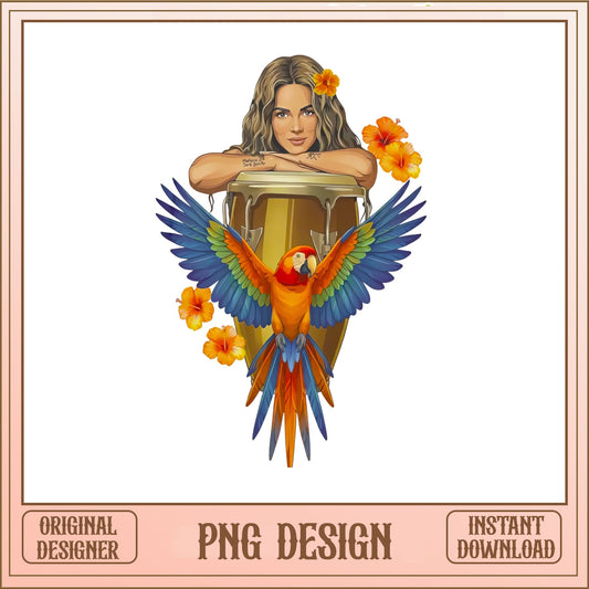 Latina Woman Conga Drum Parrot PNG, Tropical Hibiscus PNG, Latin Music PNG