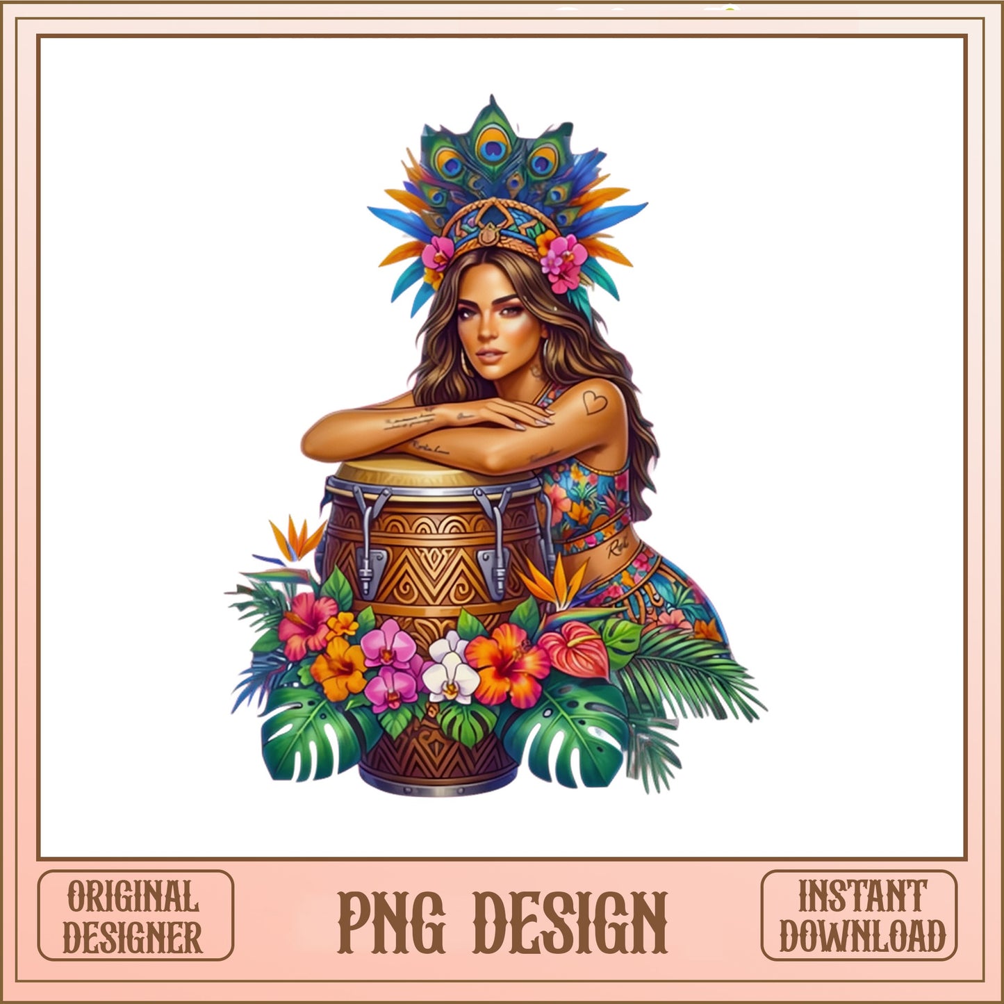 Latina Woman Conga Drum Tropical PNG, Boho Girl PNG, Floral PNG