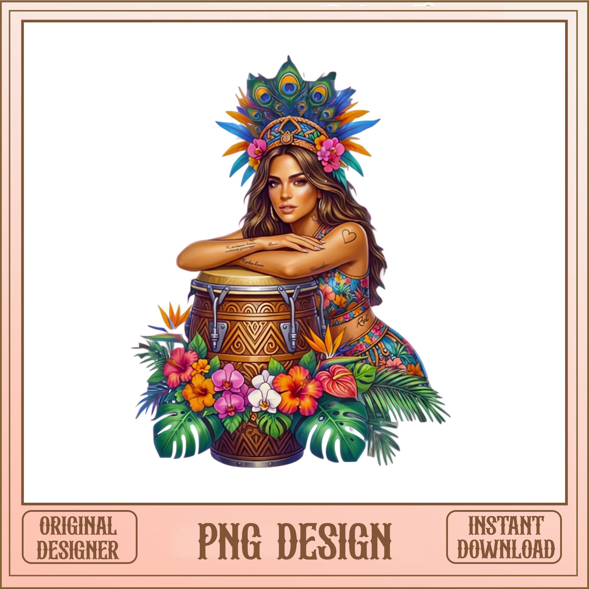 Latina Woman Conga Drum Tropical PNG, Boho Girl PNG, Floral PNG