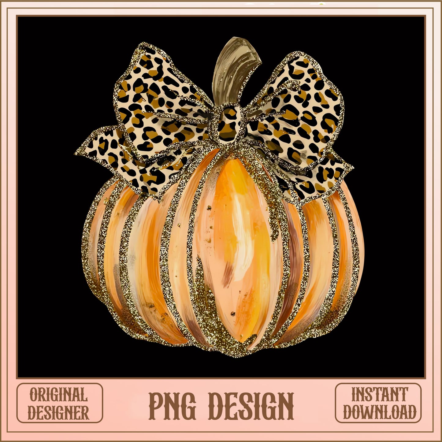 Leopard Bow Glitter Pumpkin PNG, Fall Halloween PNG, Autumn PNG