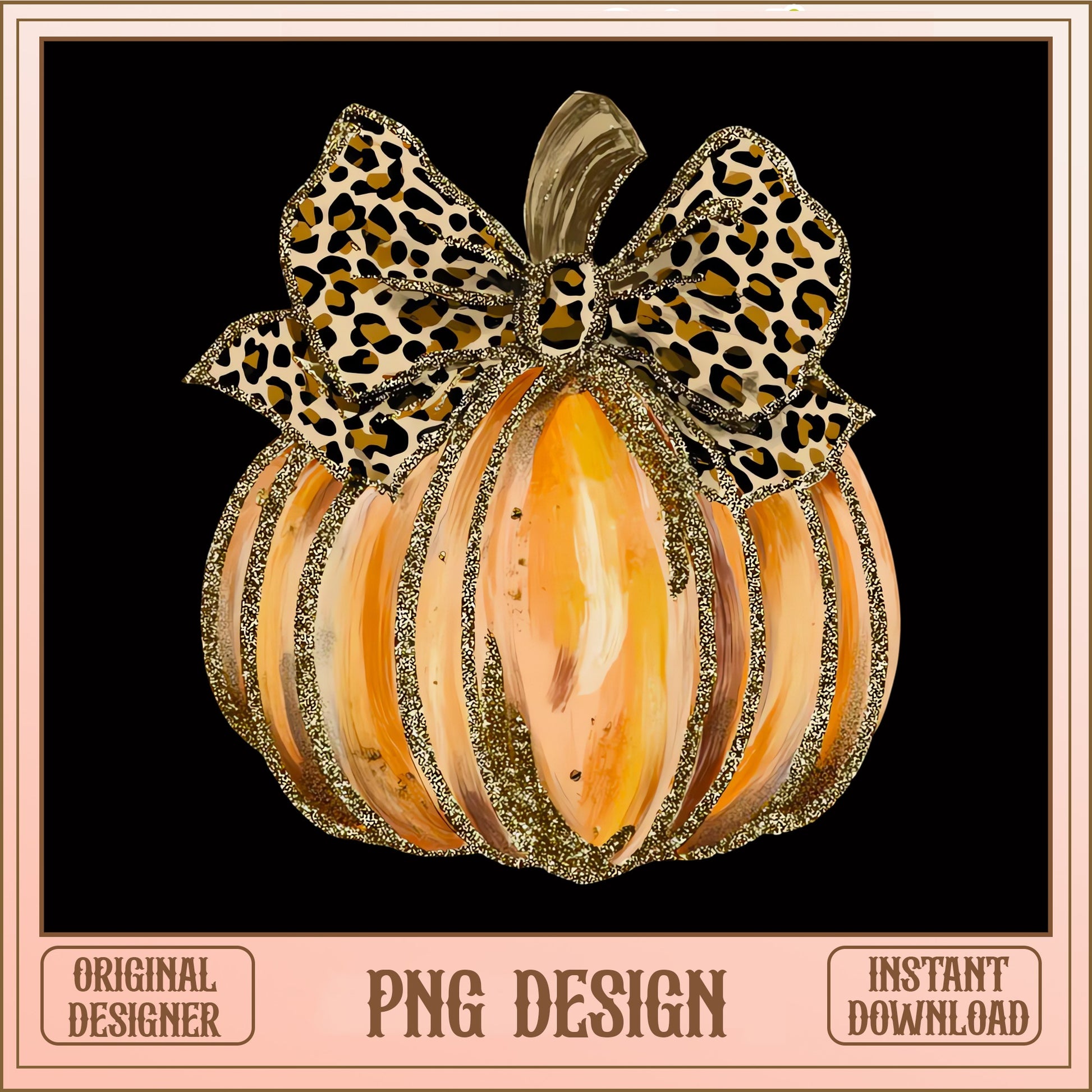 Leopard Bow Glitter Pumpkin PNG, Fall Halloween PNG, Autumn PNG
