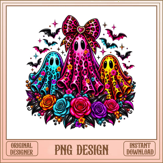 Leopard Ghost Coquette Bow PNG, Floral Halloween Ghost PNG, Spooky PNG