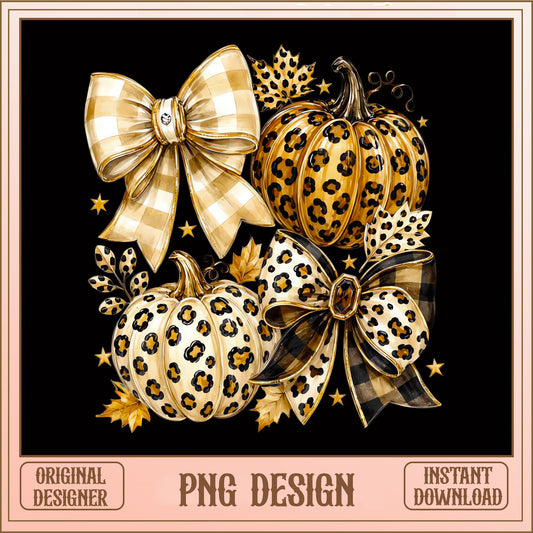Leopard Print Pumpkin With Bow PNG, Fall Halloween PNG, Coquette Autumn PNG