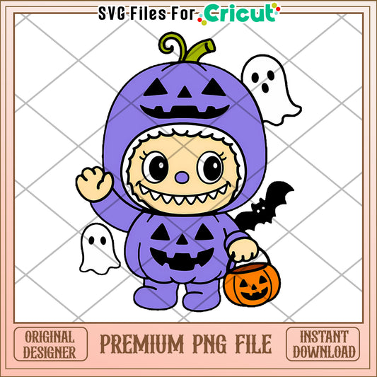 Light purplr pumpkin labubu png, halloween candy png, pop mart labubu dolls​​ png