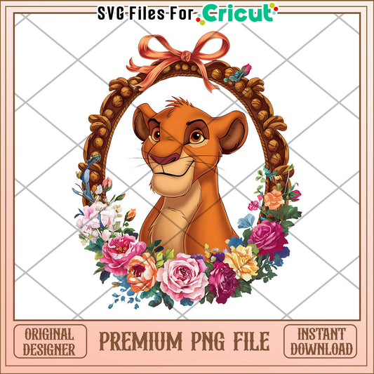Lion Character Floral Frame, Premium PNG Instant Download Design
