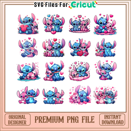 Disney stitch angel love valentine bundle png, stitch couple​ png