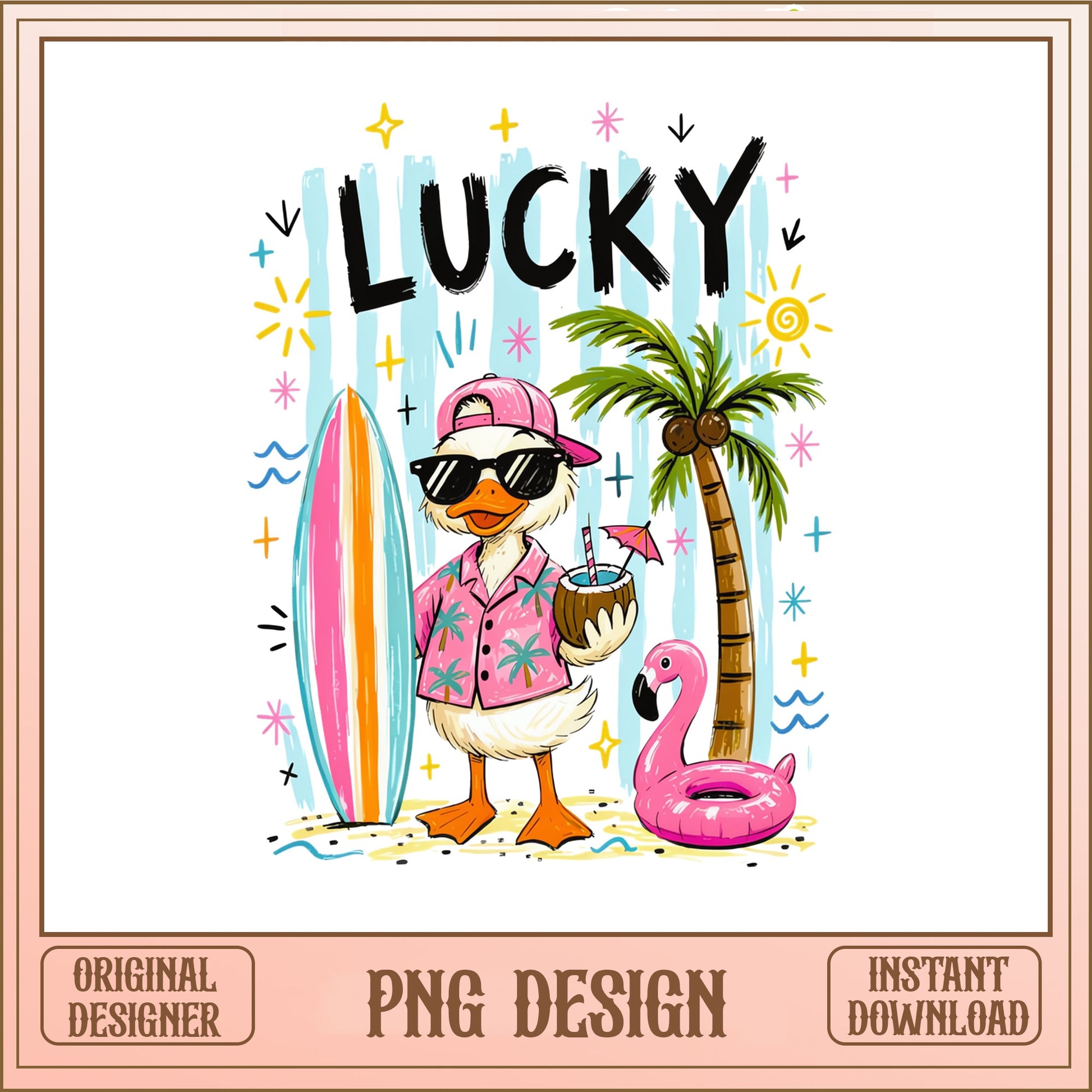 Lucky Duck Summer Beach PNG, Cute Duck Surfing PNG, Summer PNG