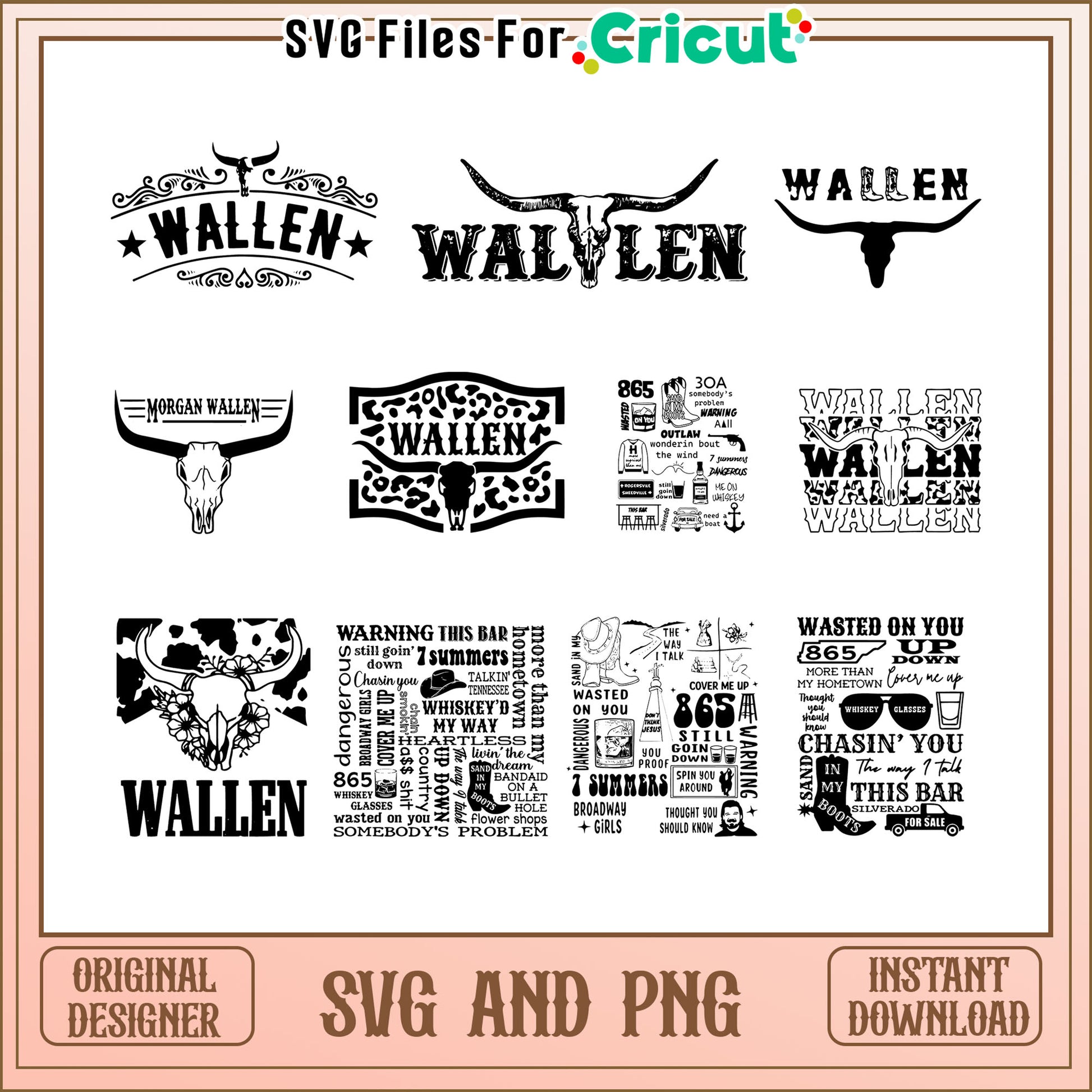 Wallen bull skull black design bundle svg, bull skull wall​ svg