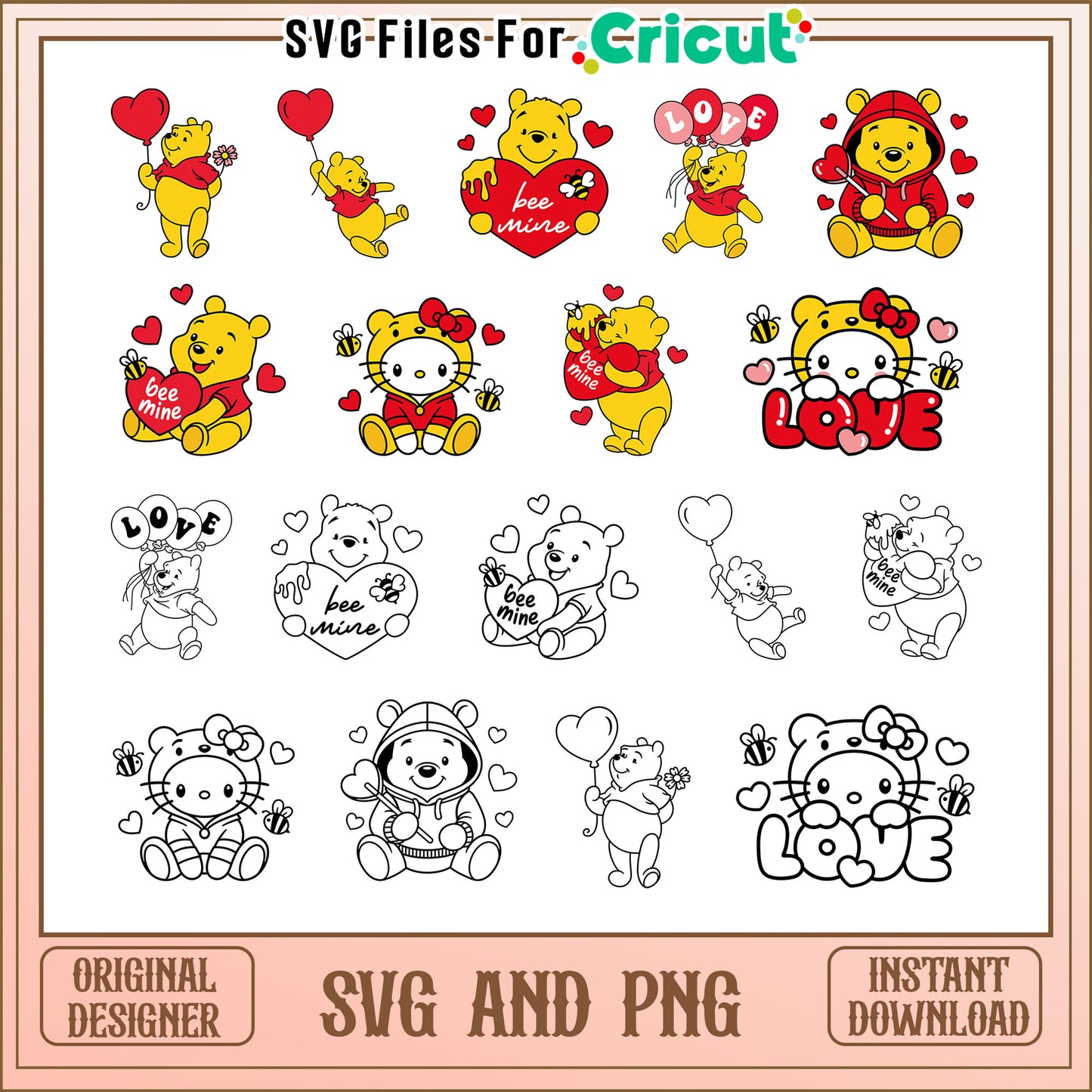 Pooh bear bee mine love bundle svg, winnie the pooh valentines​ svg