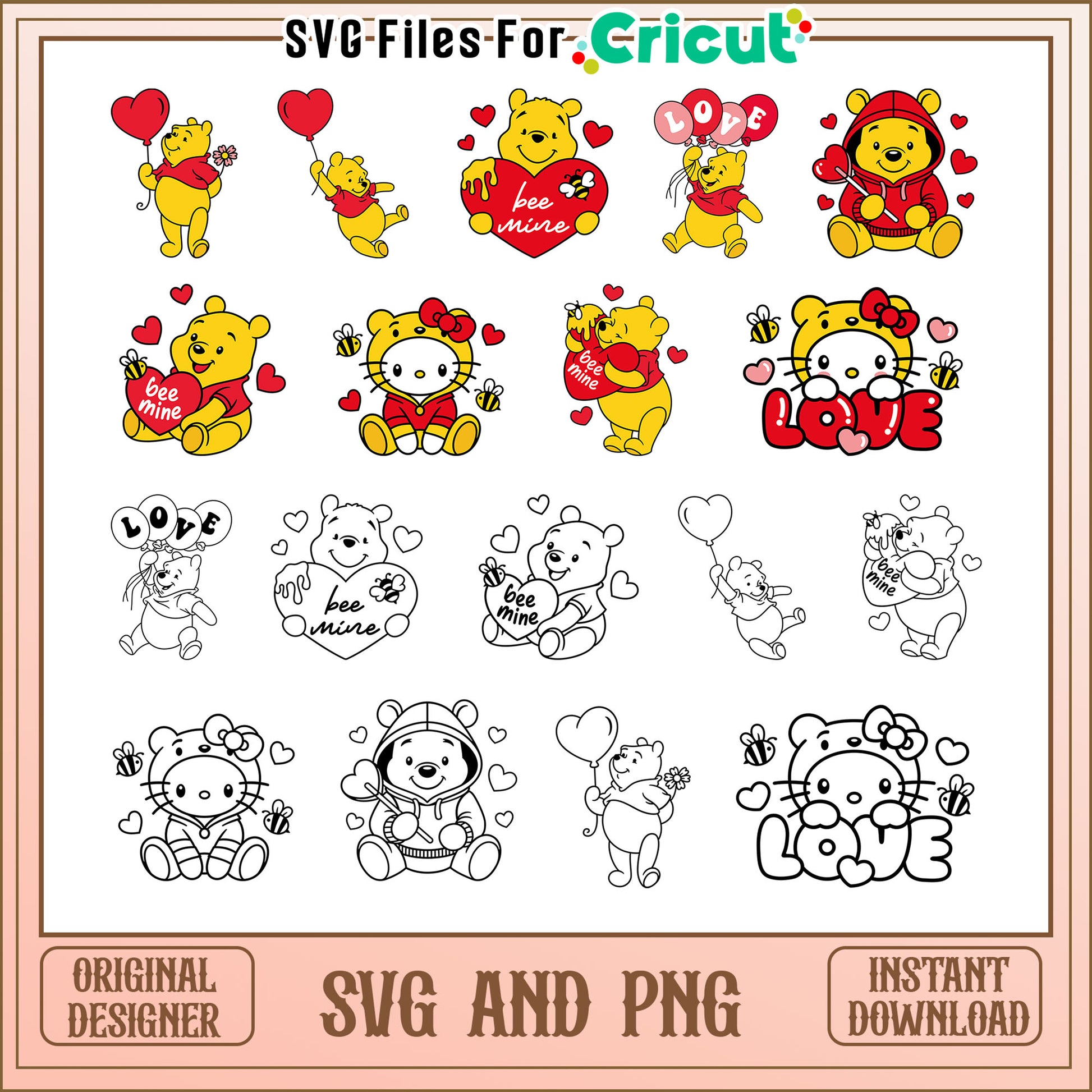 Pooh bear bee mine love bundle svg, winnie the pooh valentines​ svg