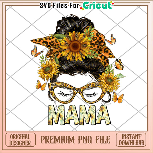 Mama Sunflower Leopard Messy Bun PNG