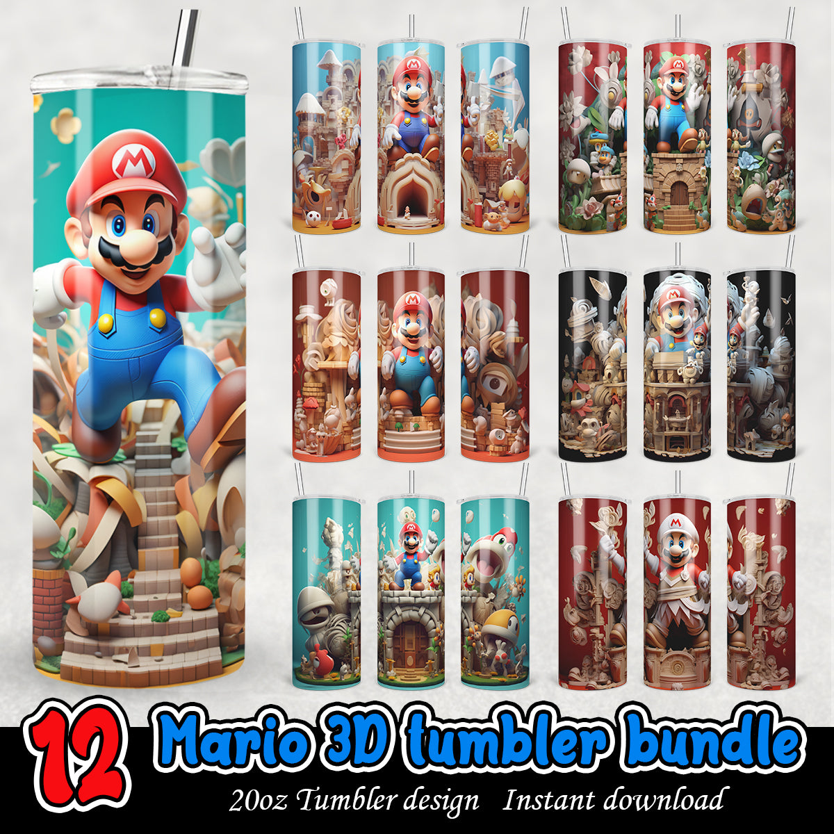 Mario 3D Tumbler Wrap bundle, Super Mario png tumbler bundle