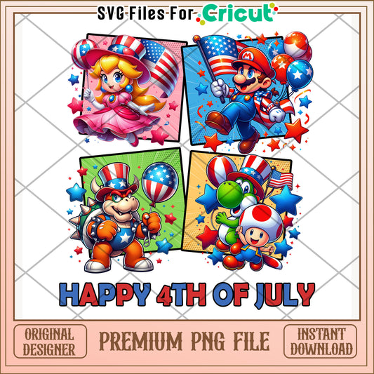 Mario characters happy 4th of july png, 4th of july png, red white and blue png