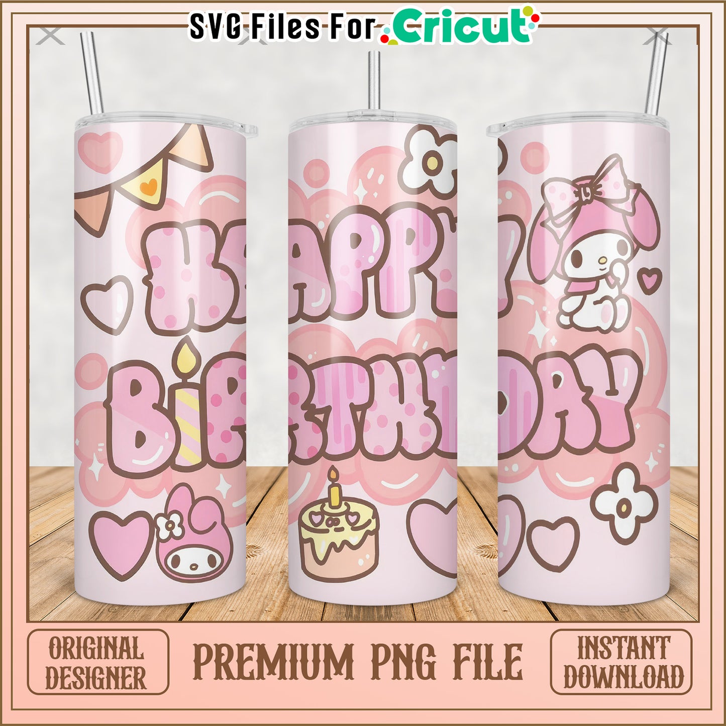 Melody happy birthday tumbler png, cute characters png, kuromi hello kitty​ png