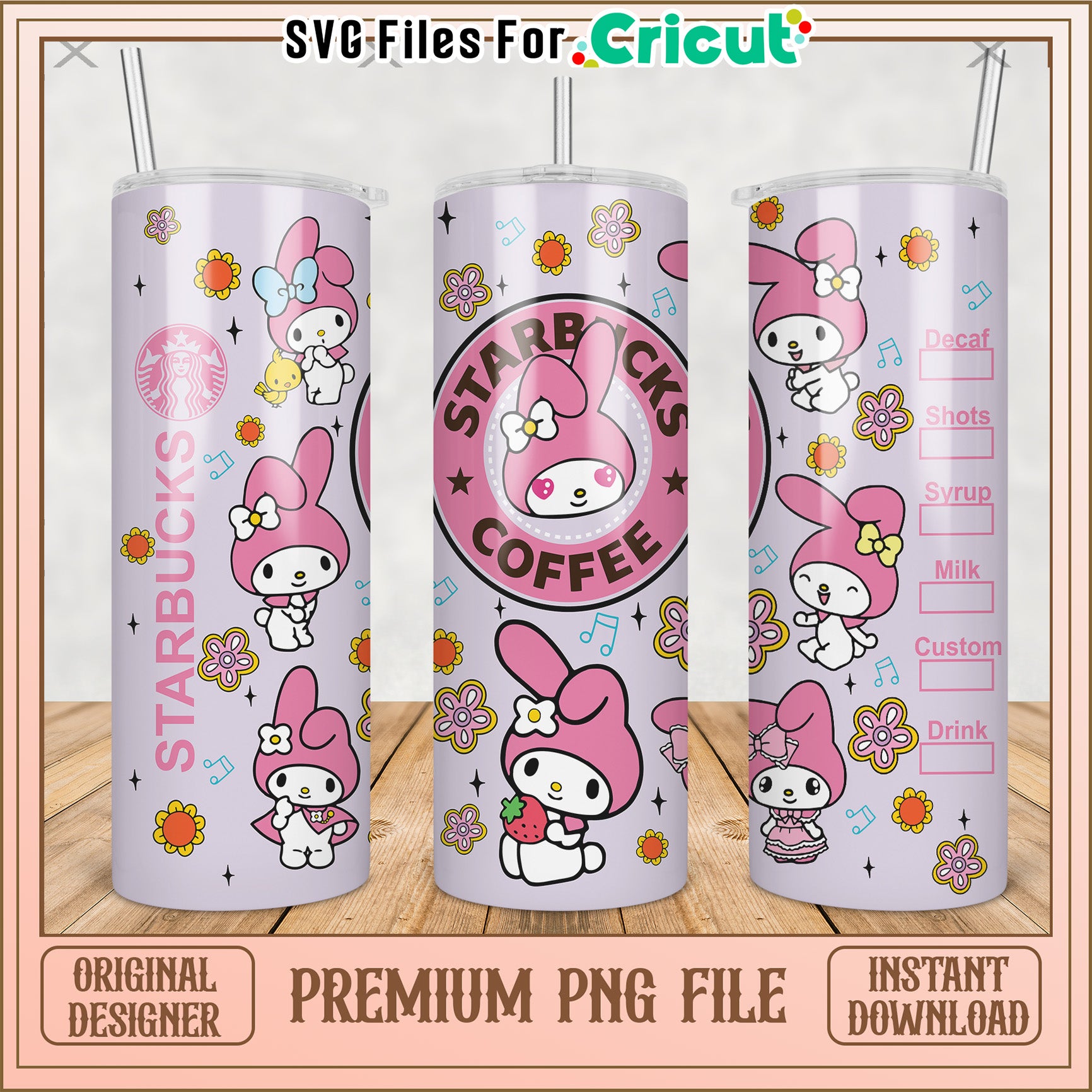 Melody starbucks coffee tumbler png, cute cartoon png, hello kitty​ png