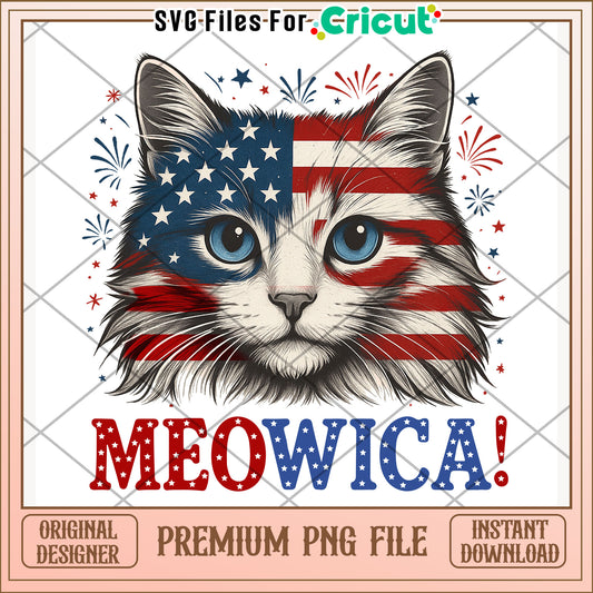 Meowica design png, patriotic cat png, funny slogan png