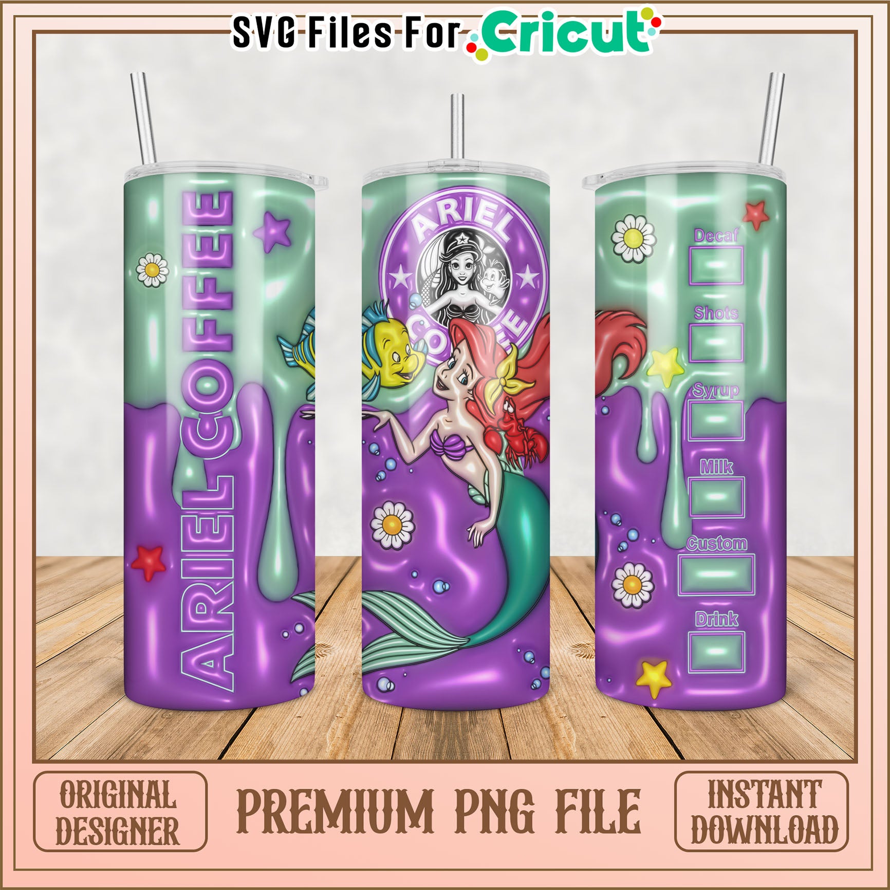 Mermaid Ariel Coffee Tumbler PNG Instant Download for Cricut Users
