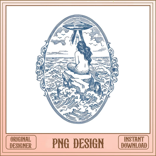 Mermaid UFO Abduction Vintage PNG, Alien Ocean Wave PNG, Retro Mermaid PNG