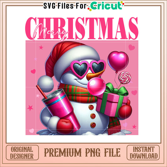 Merry Christmas Pink Snowman PNG