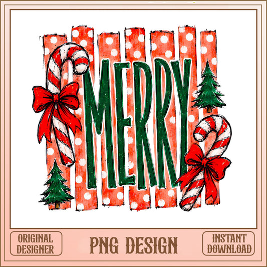 Merry Candy Cane Christmas PNG, Retro Holiday Design, Xmas Tree PNG