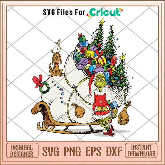 Merry Grinchmas Christmas gift bag svg, grinch and max svg