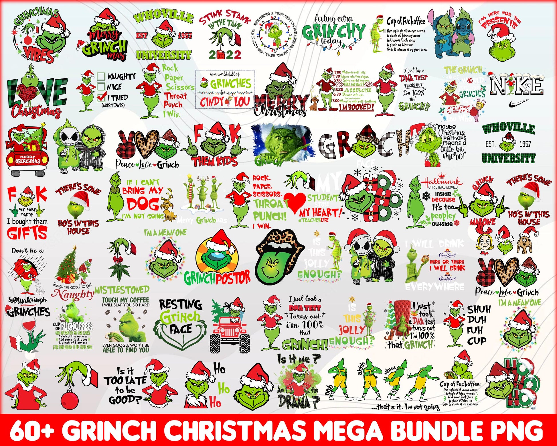 Grinchmas vibes design bundle png, the grinch quotes​ png