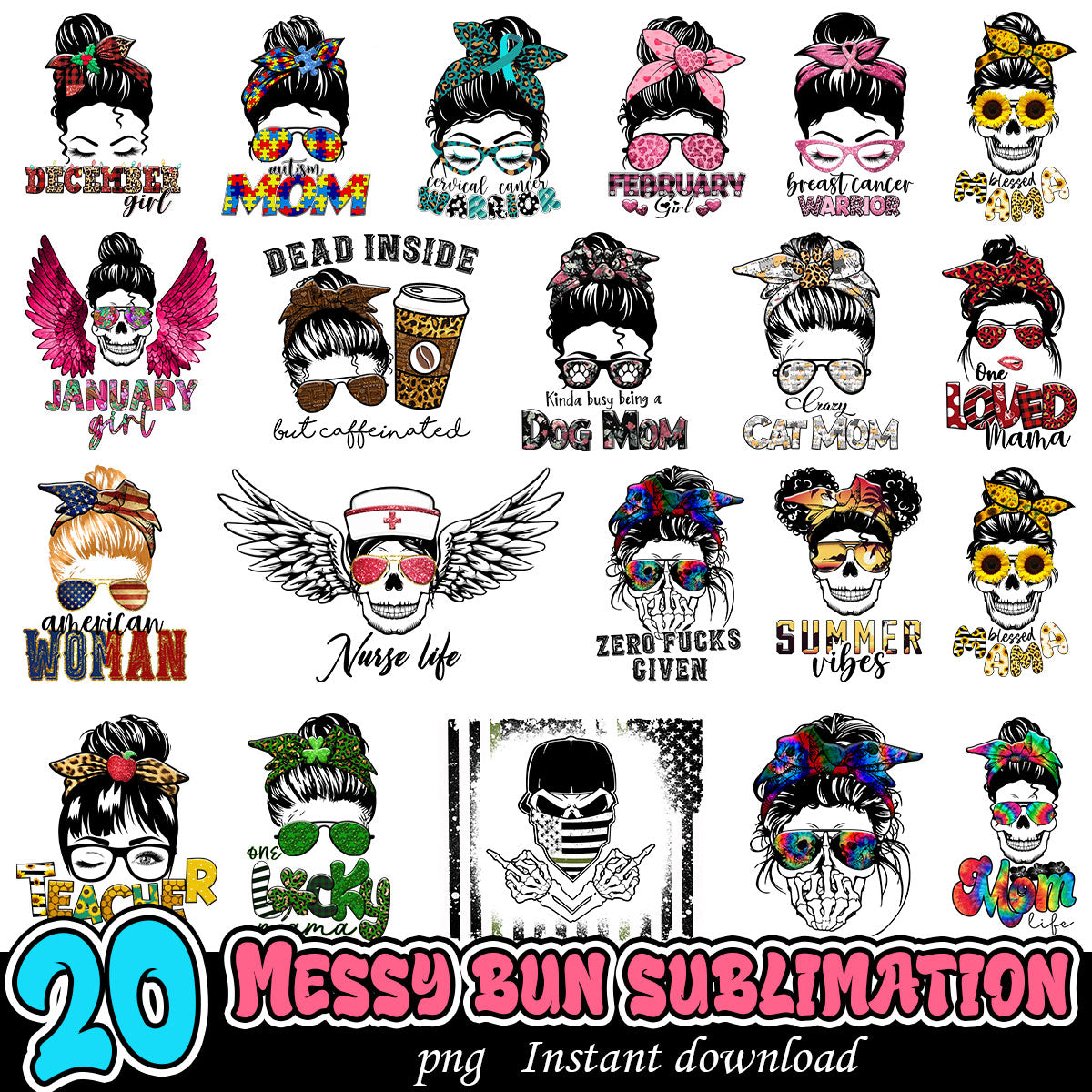 Messy Bun bundle Sublimation, Messy bun art png bundle