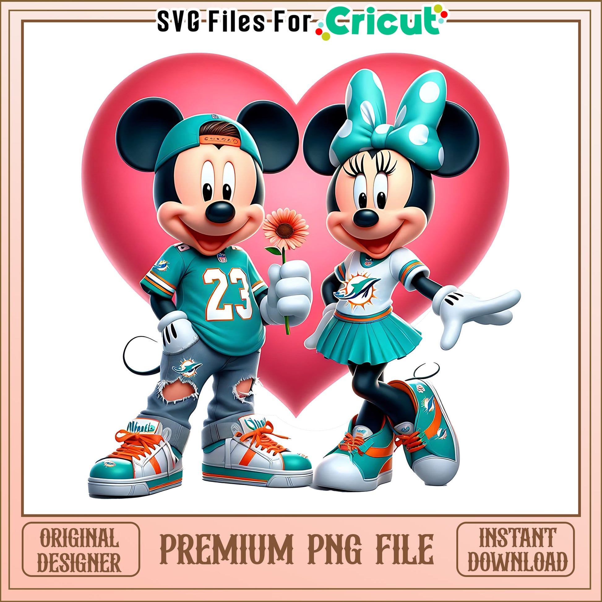 Mickey Minnie heart Dolphins png, Miami Dolphins png, NFL png