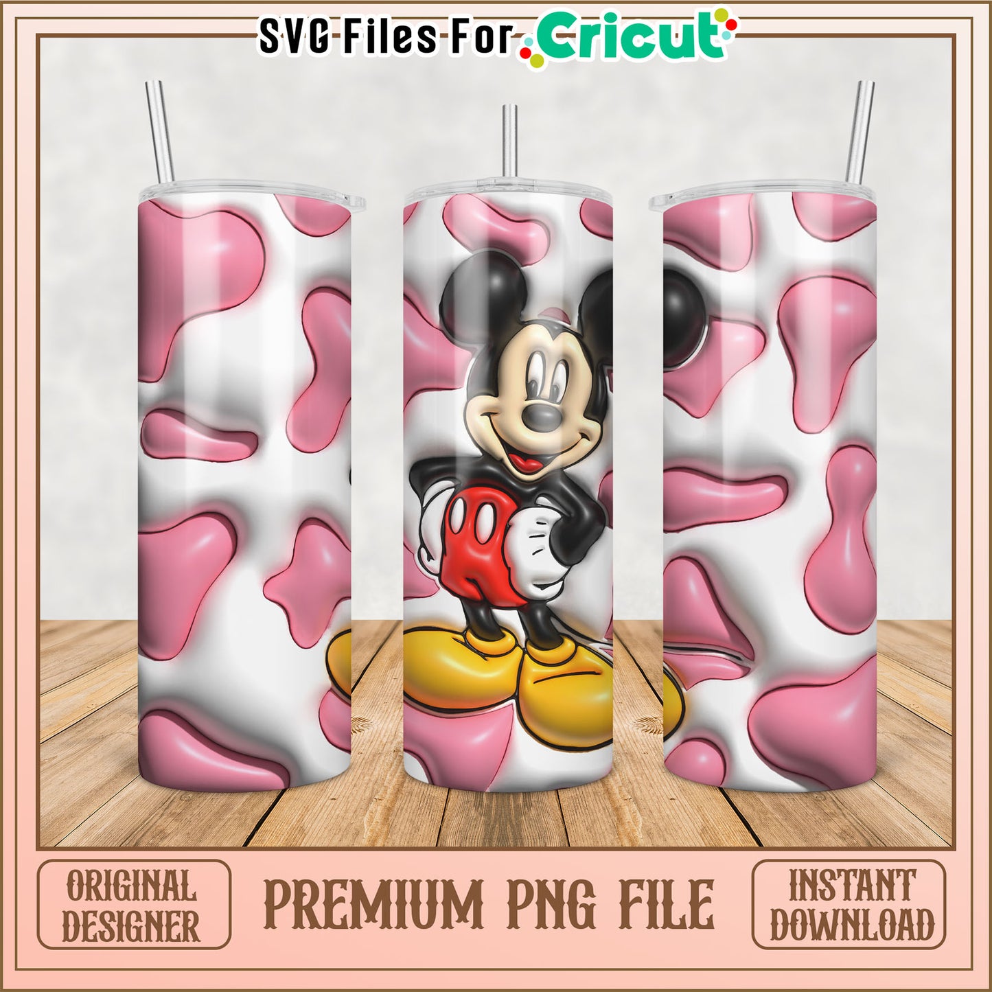 Mickey Mouse Pink Cow Print Tumbler PNG
