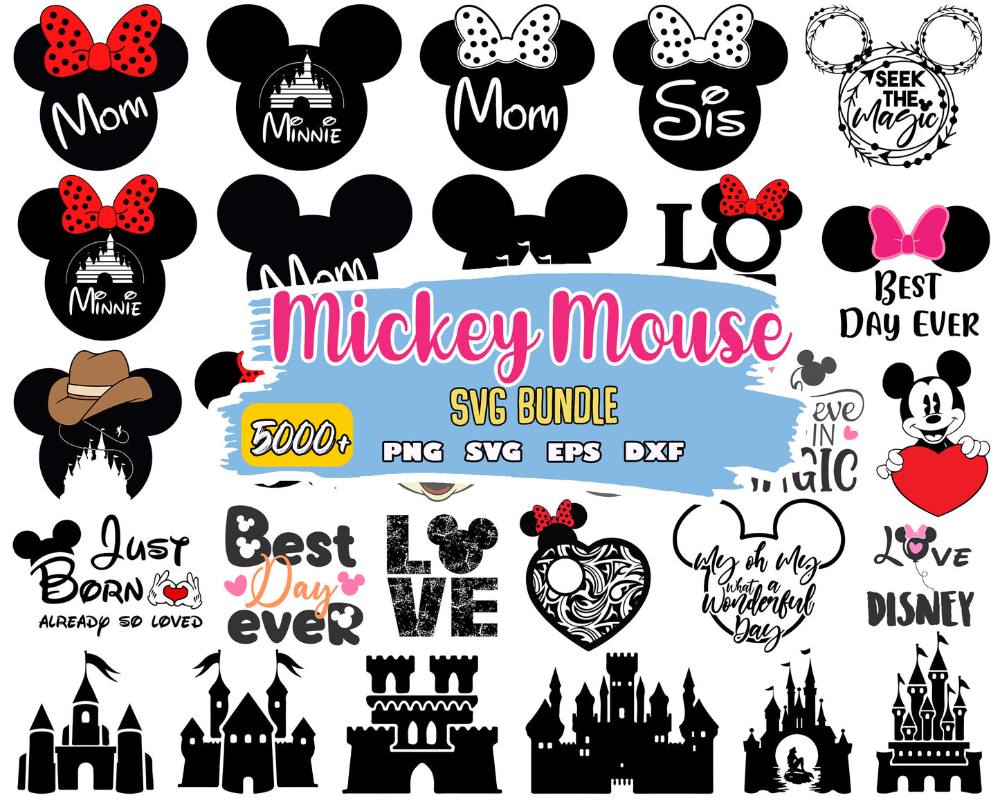 Mickey minnie head design bundle svg, disney castle​ svg