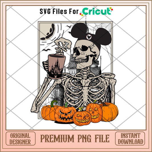 Mickey Skeleton Drinking Hot Coffee png, Disney characters png, Digital Download