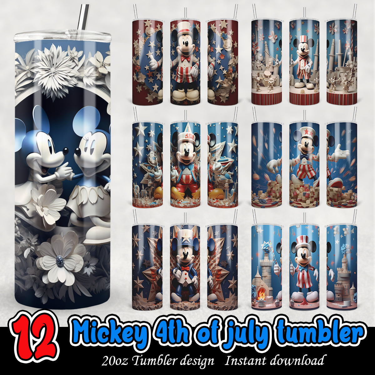 Mickey 4th of July Tumbler Wrap bundle, Disney 3D tumbler wrap bundle