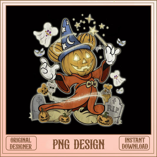 Mickey Pumpkin Head Halloween PNG, Disney Wizard Mickey PNG, Spooky Ghost PNG