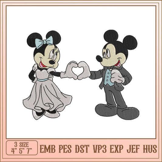 Mickey and Minnie Mouse Heart Embroidery Design 3 Sizes Available