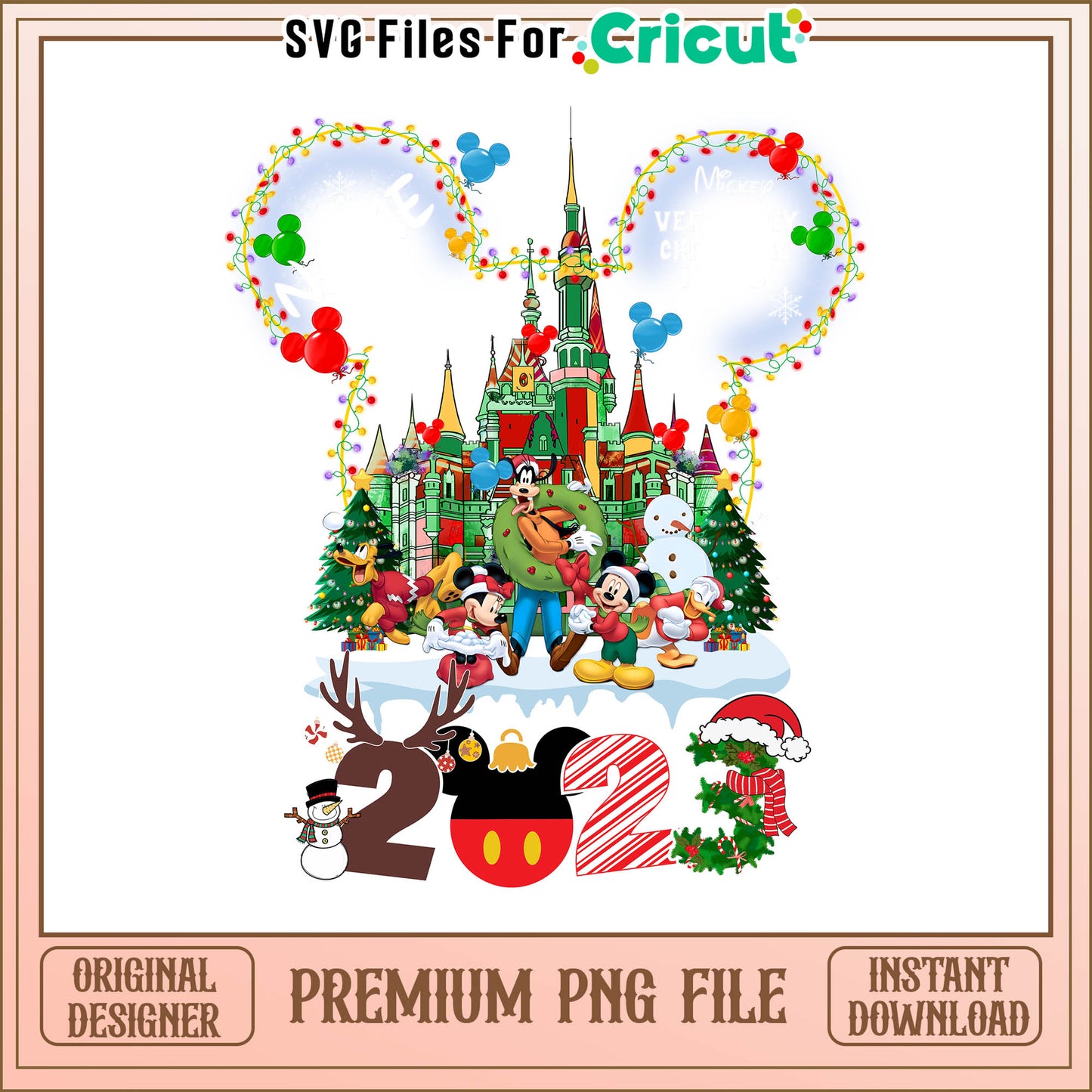 Mickey christmas 2023 png, mickey mouse castle christmas​ png