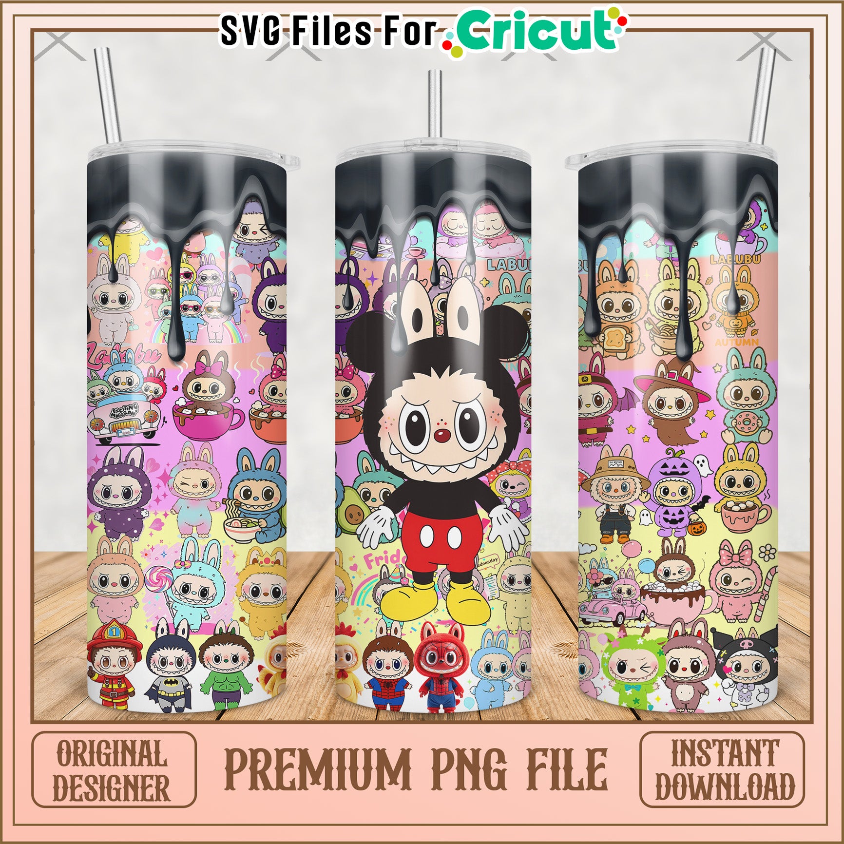 Mickey mouse characters tumbler png, cute labubu png, labubu popmart png