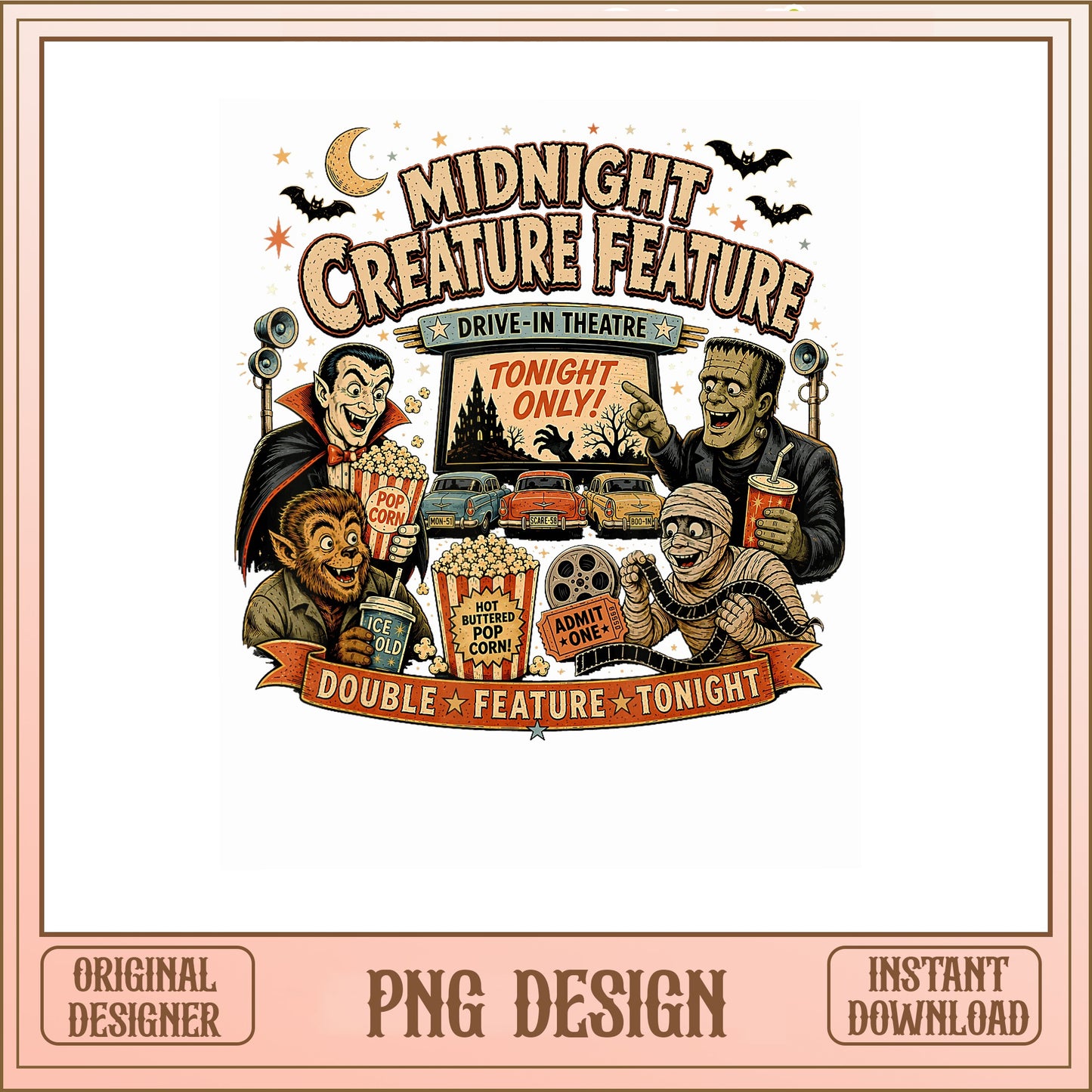 Midnight Creature Feature Halloween PNG, Horror Movie PNG, Retro PNG