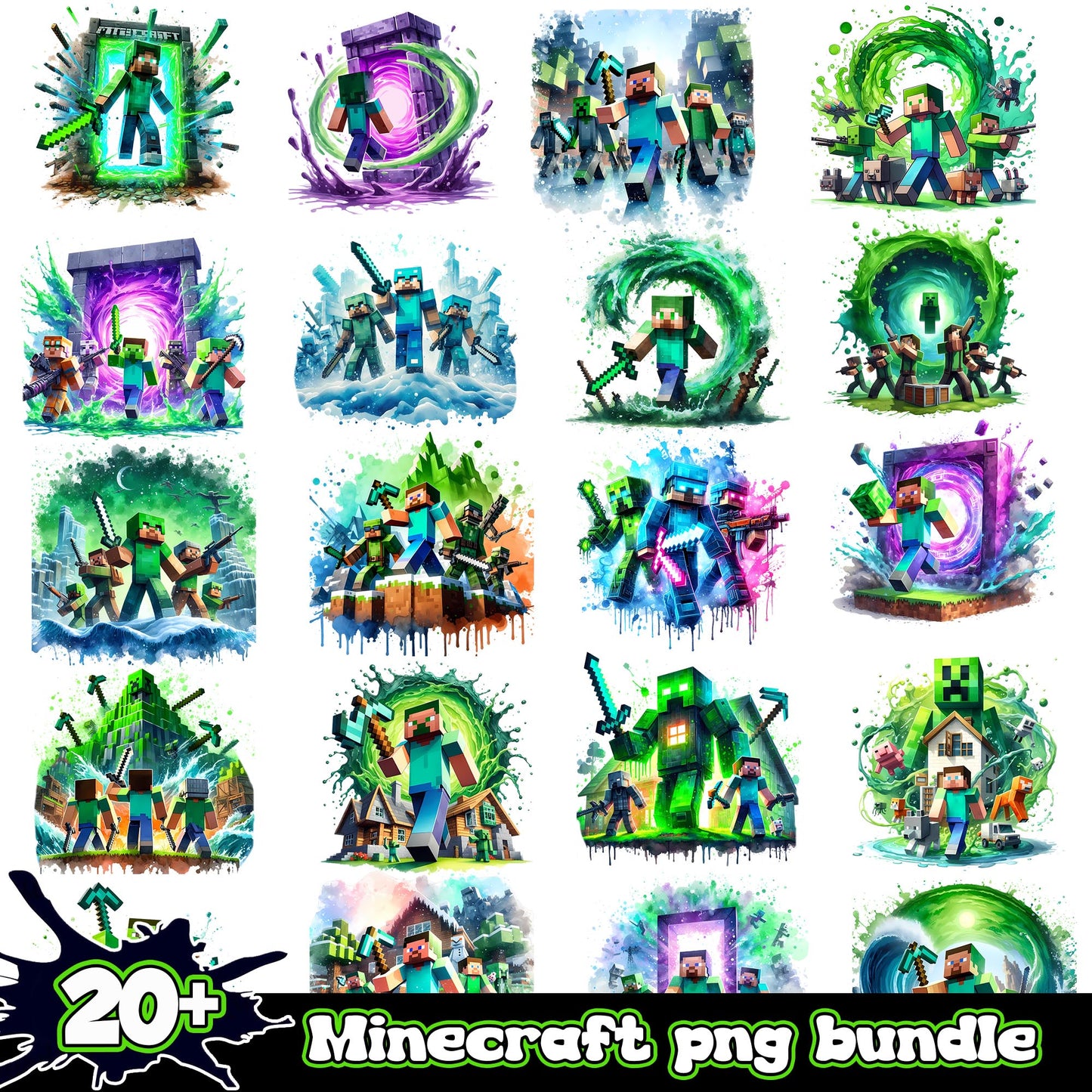 Minecraft game watercolor design bundle png, Minecraft png