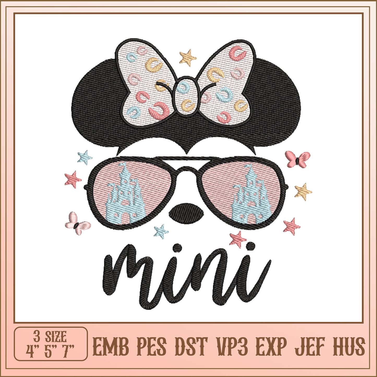 Mini Mouse Embroidery Design with Sunglasses and Bow 3 Sizes