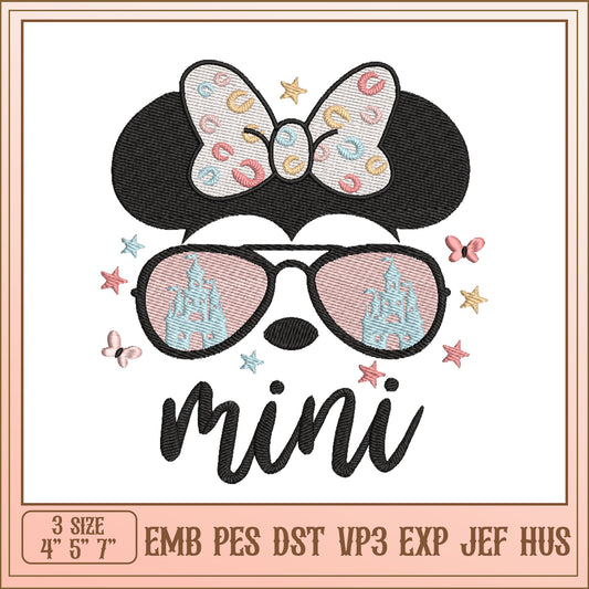 Mini Mouse Embroidery Design with Sunglasses and Bow 3 Sizes