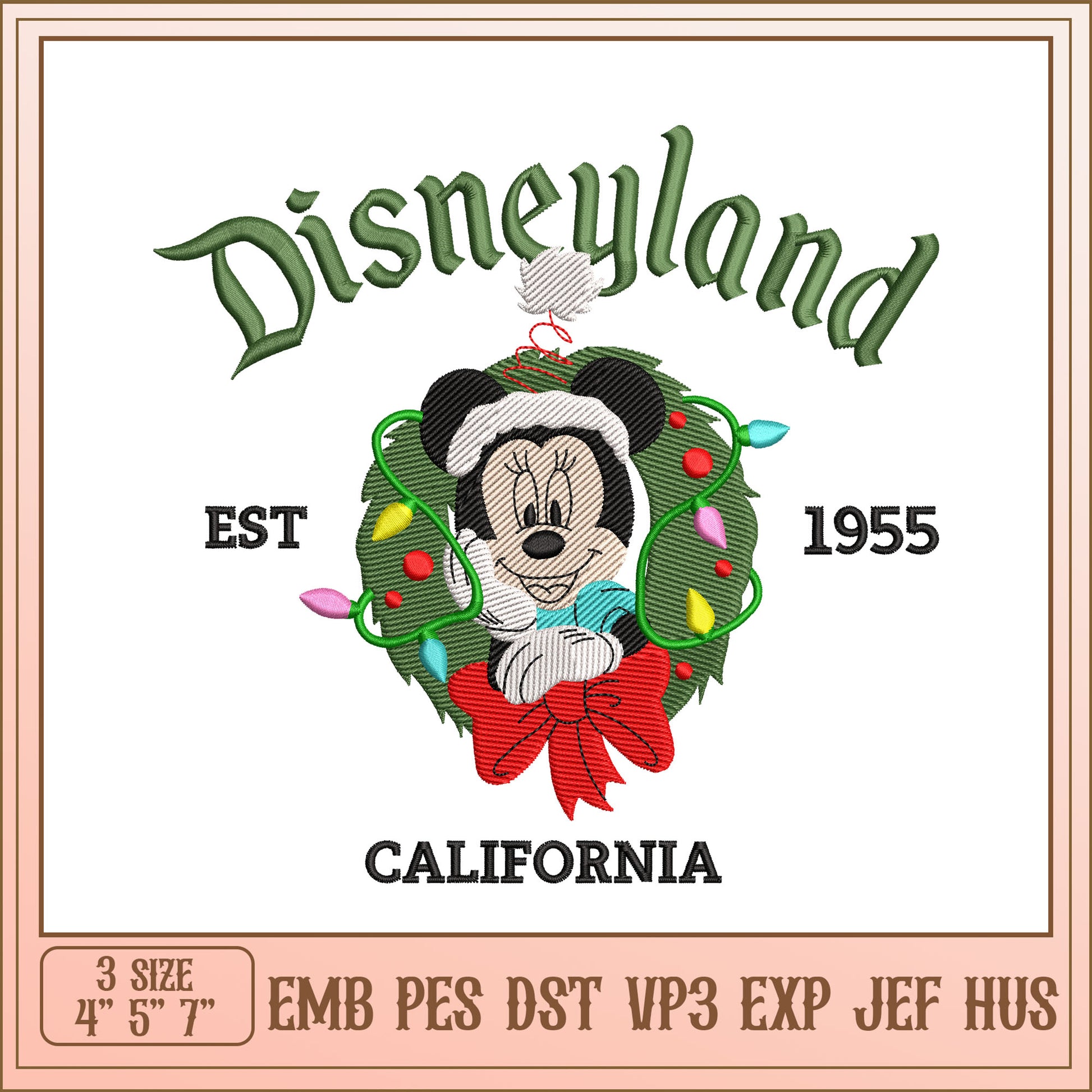Minnie Mouse Disneyland Christmas Wreath Embroidery