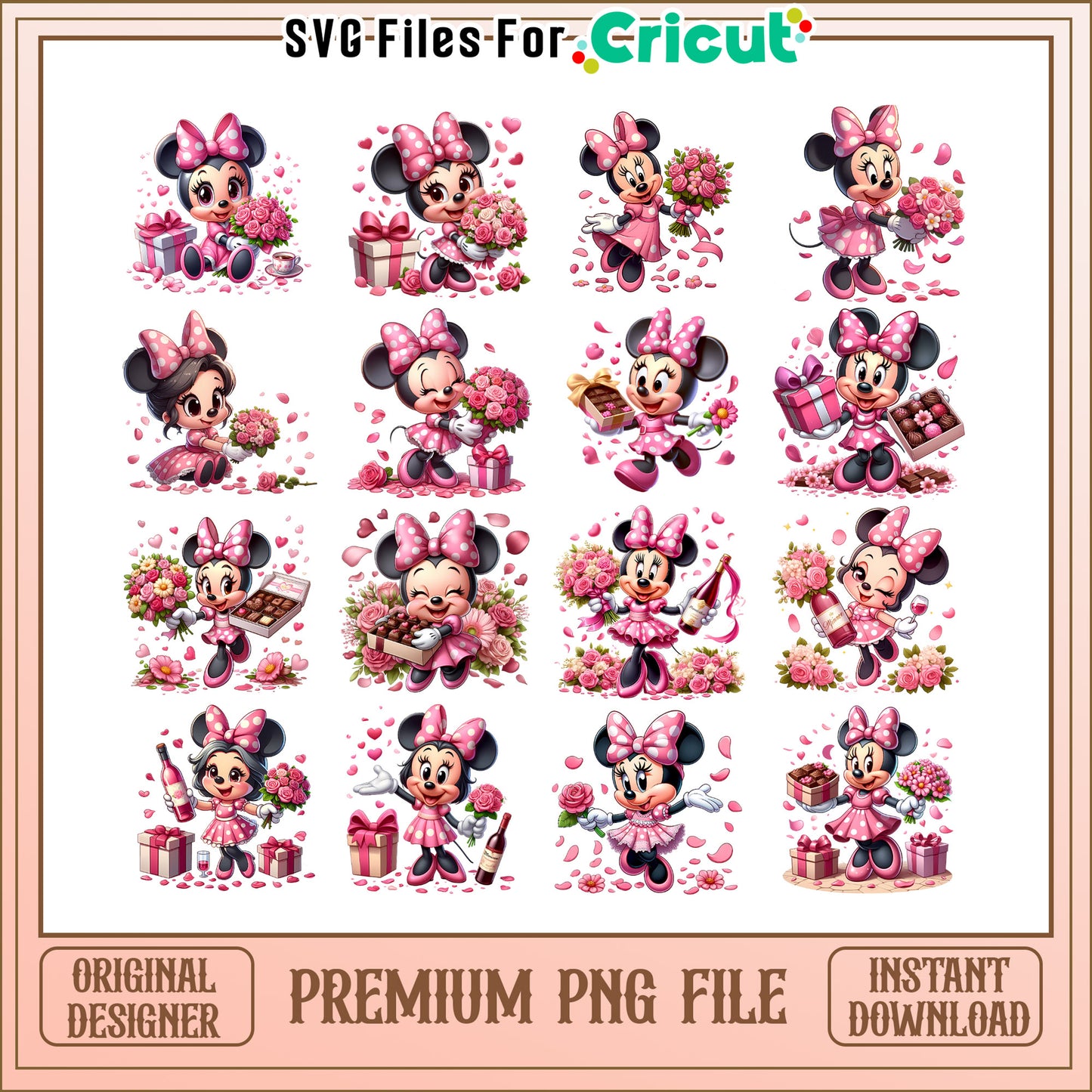 Minnie pink flower valentine bundle png, pink minnie mouse​ png