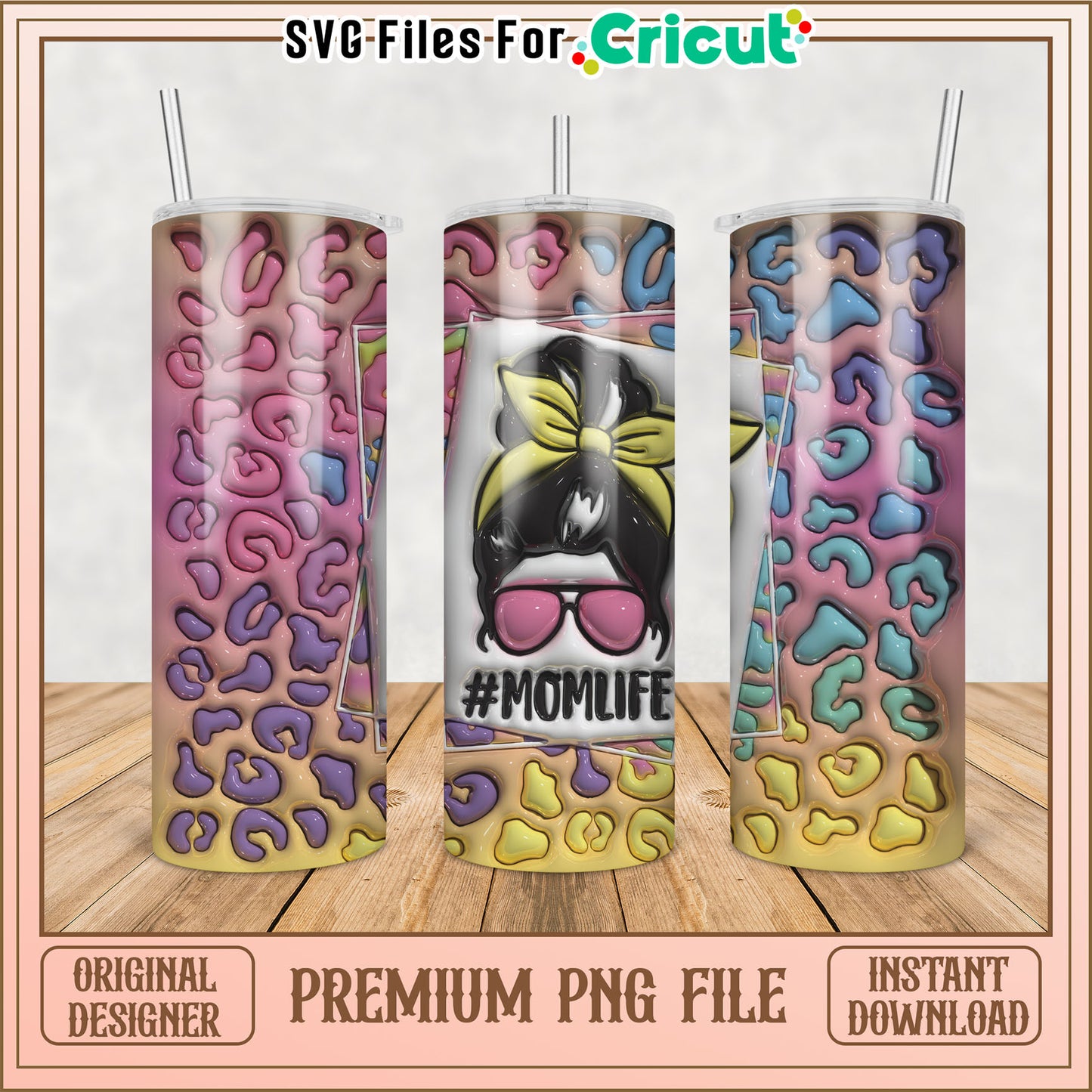 Mom Life Tumbler PNG Design with Colorful Leopard Print Pattern