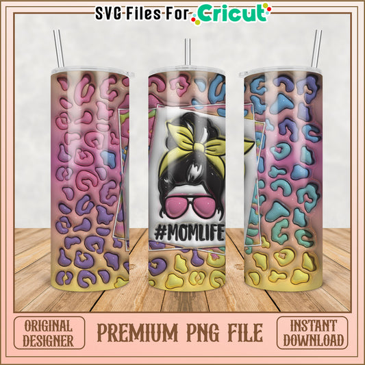 Mom Life Tumbler PNG Design with Colorful Leopard Print Pattern