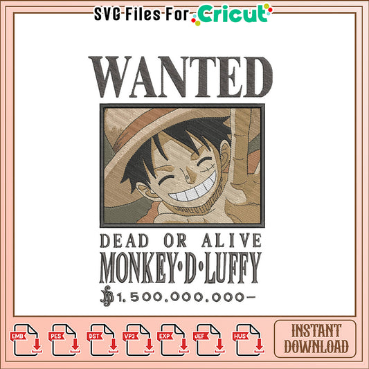 Monkey D Luffy Wanted Embroidery Design Instant Download