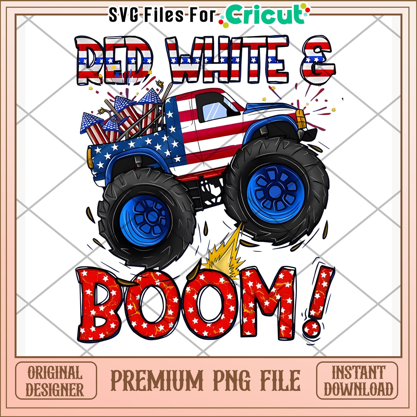 Monster truck red white and boom png, 4th of july png, explosive action png