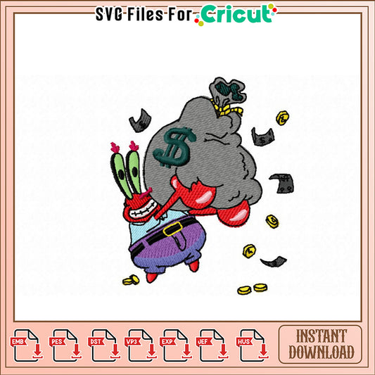 Mr Krabs Money Bag Embroidery Design Instant Download